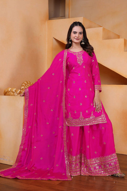 Bright Pink Silk Embroidered Sharara Set