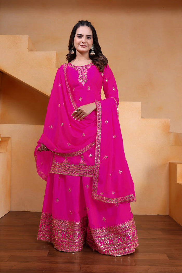 Bright Pink Silk Embroidered Sharara Set