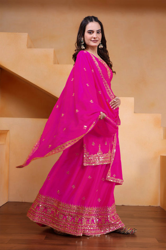 Bright Pink Silk Embroidered Sharara Set