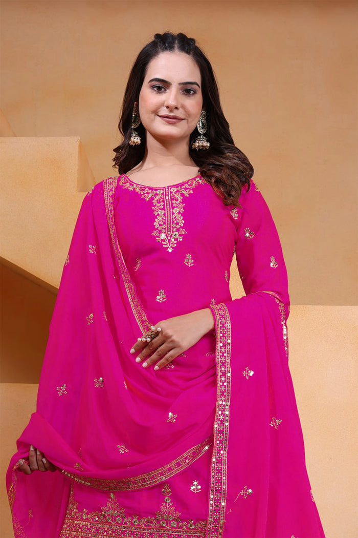 Bright Pink Silk Embroidered Sharara Set