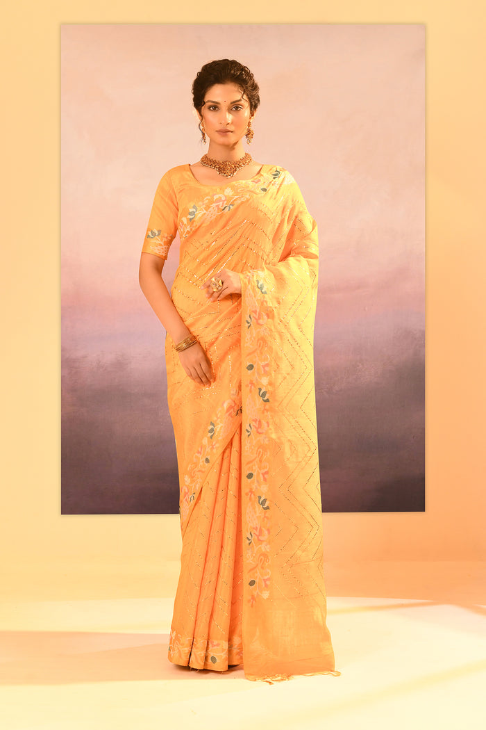Bright Yellow Foil Printed Dupion Silk Saree