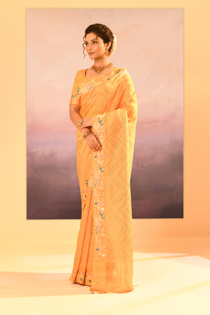 Bright Yellow Foil Printed Dupion Silk Saree