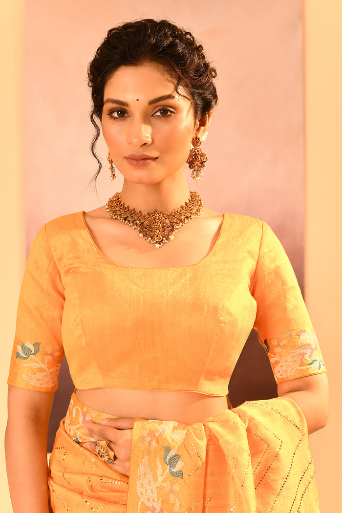Bright Yellow Foil Printed Dupion Silk Saree