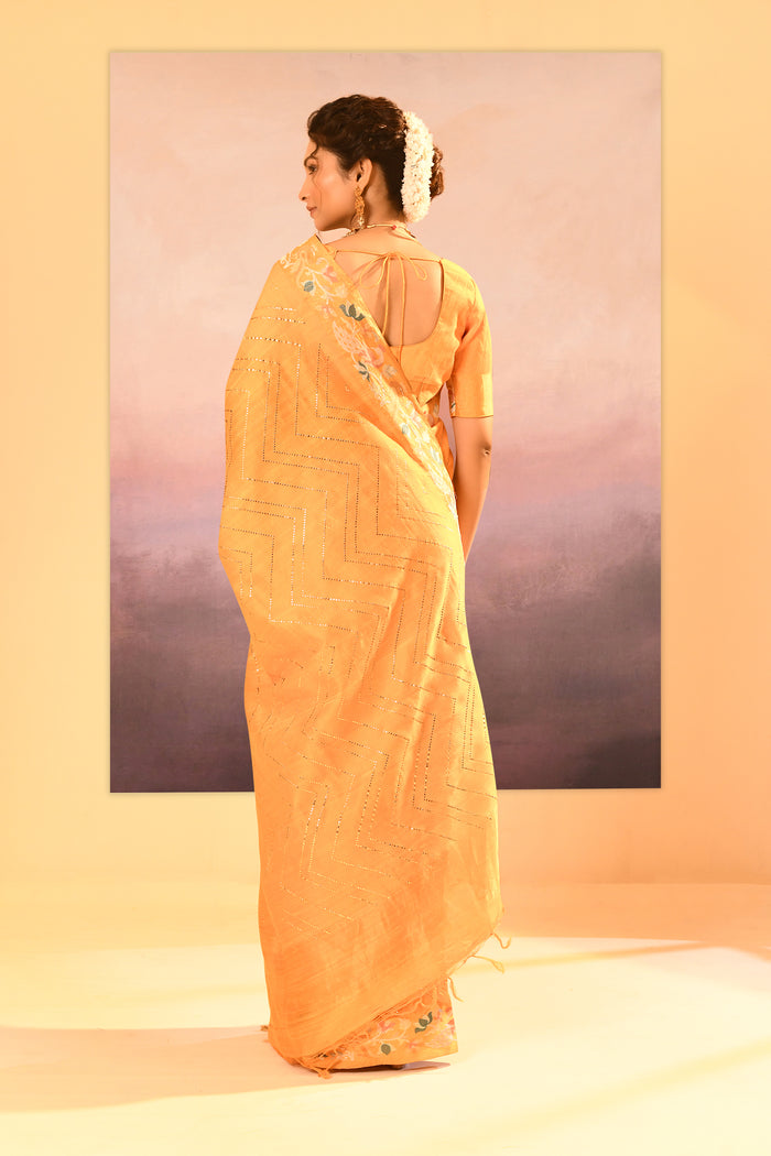 Bright Yellow Foil Printed Dupion Silk Saree