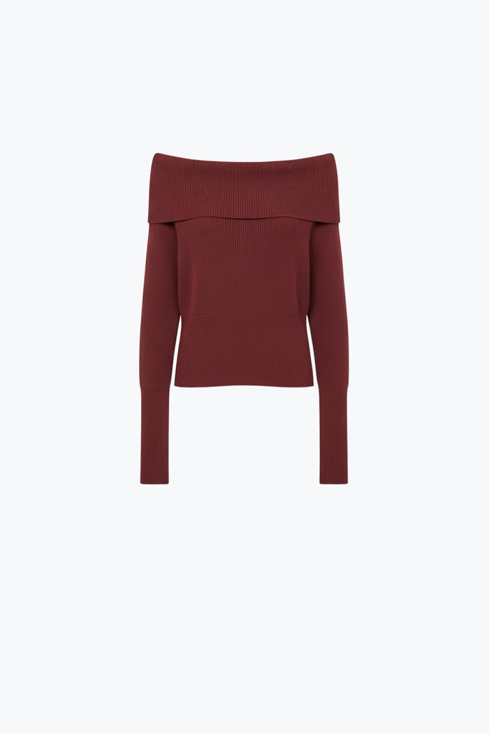 burgundy fine ribbed knit sweater with wide boat neck