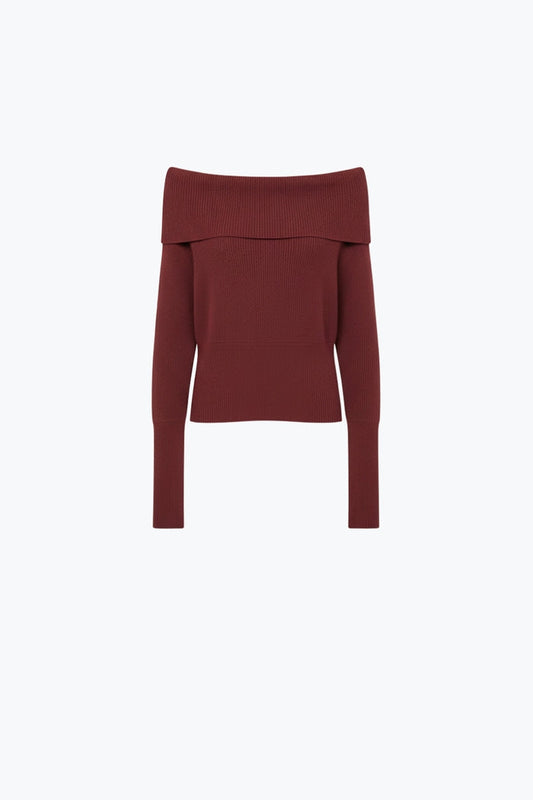 burgundy fine ribbed knit sweater with wide boat neck