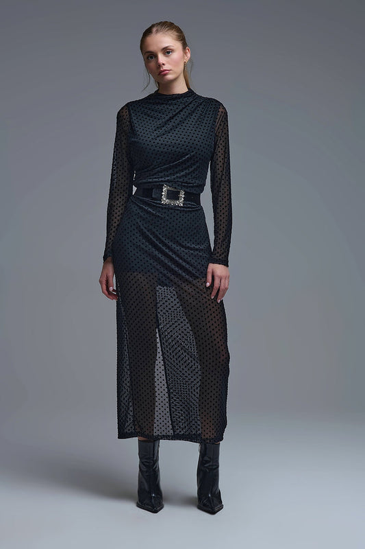Chic Black Sheer Polka Dot Midi Dress - dress