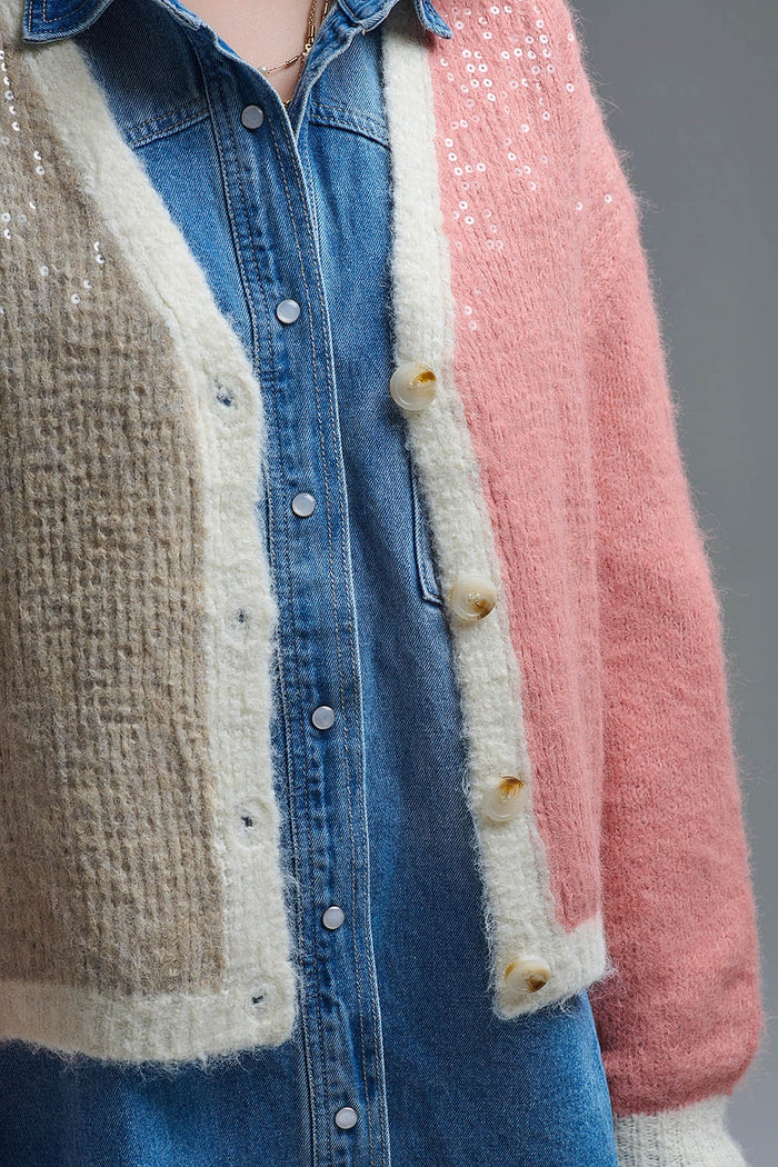 Color-block Sequin V-Neck Cardigan