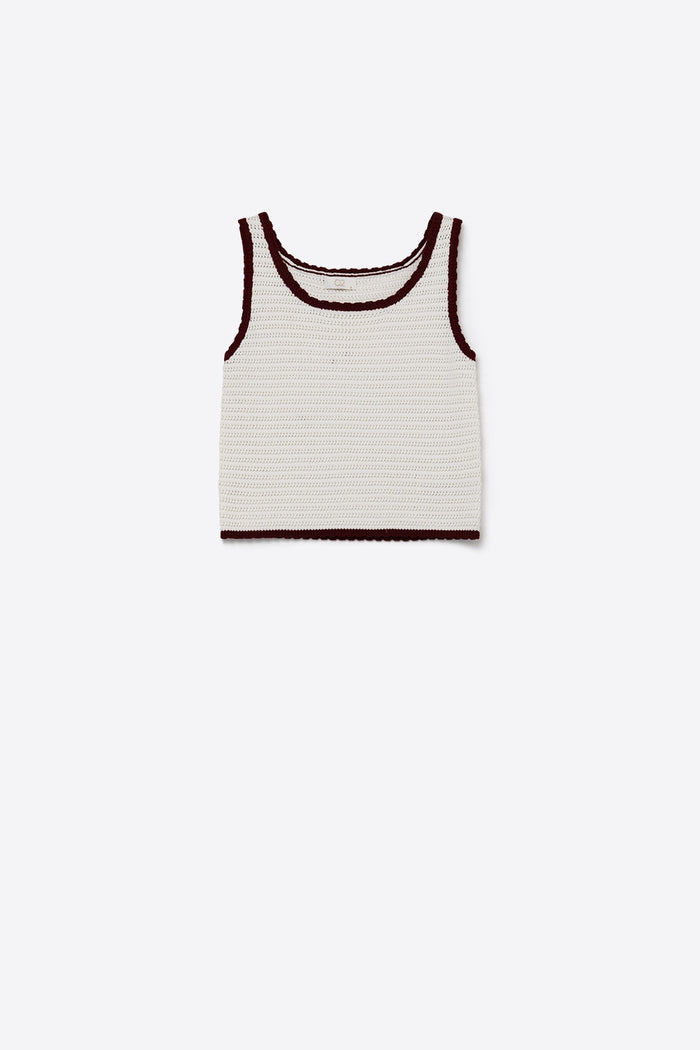 Cream Crocheted Tank Top in Cream with Burgundy Trim