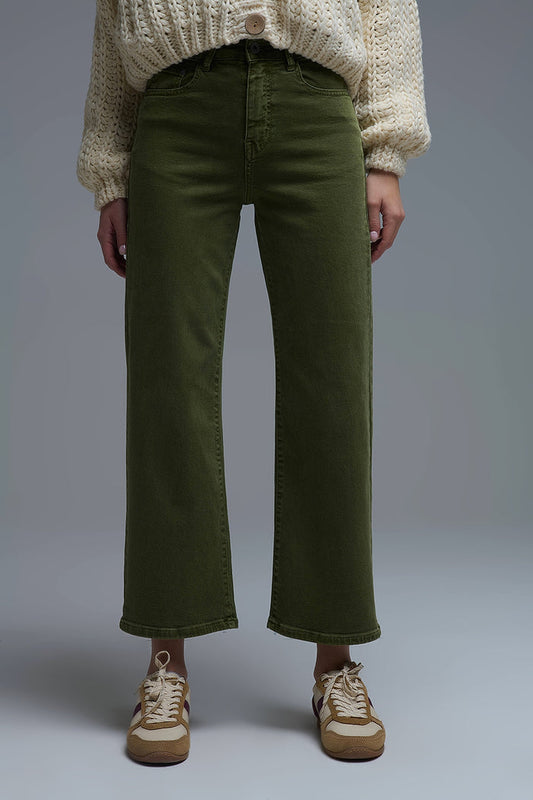 Cropped wide leg jeans in olive green - Coloured Jeans
