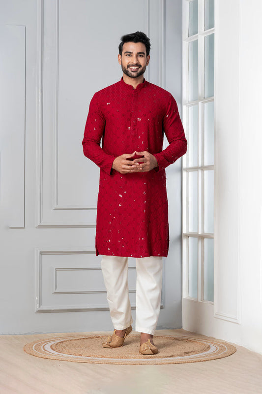 Dark Red Cotton Silk Embroidered Kurta Set
