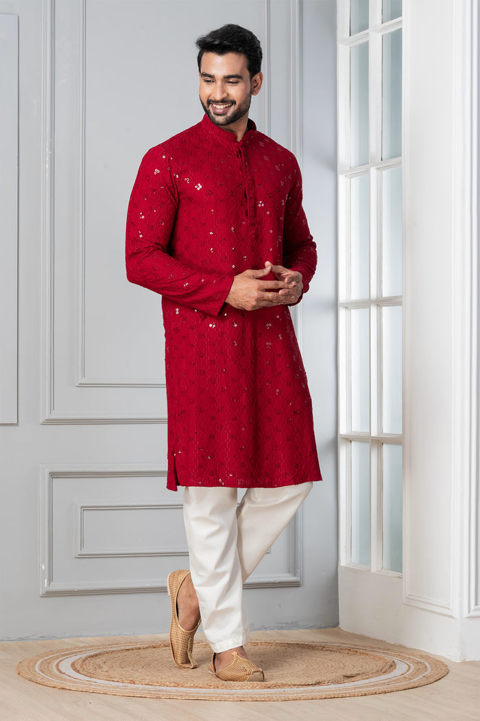 Dark Red Cotton Silk Embroidered Kurta Set