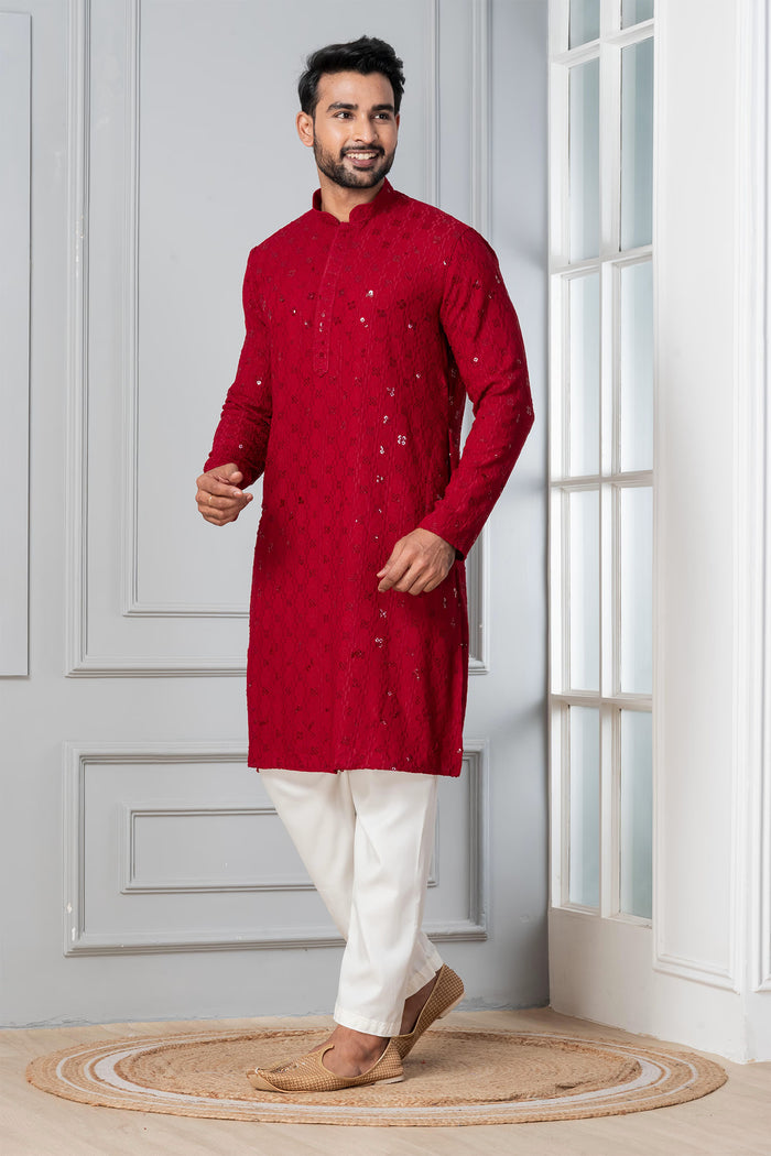 Dark Red Cotton Silk Embroidered Kurta Set