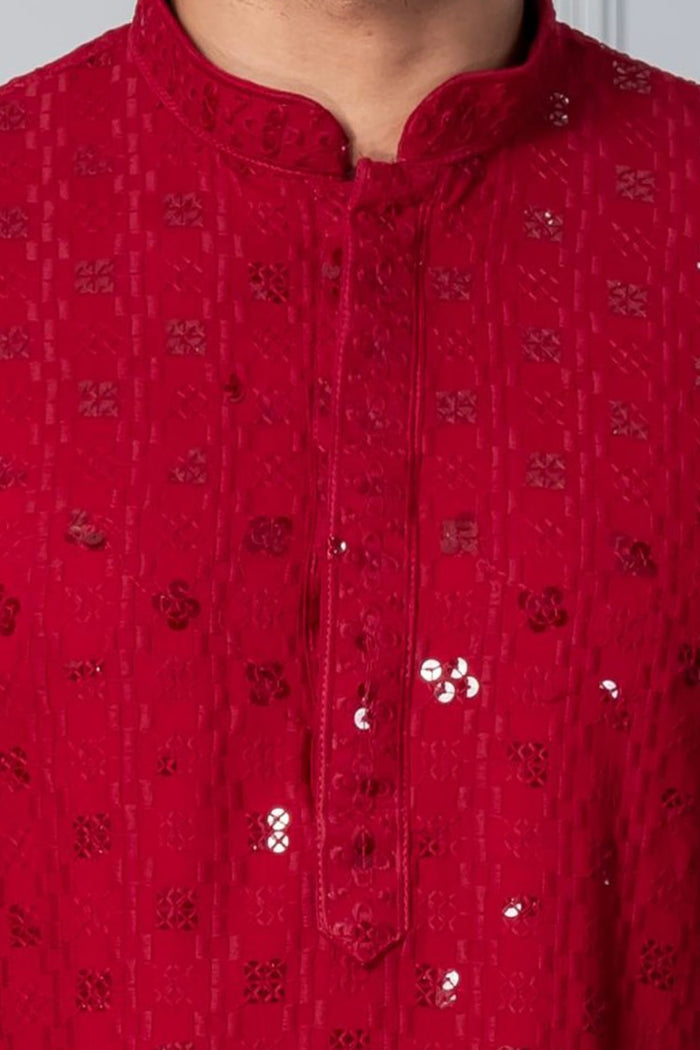 Dark Red Cotton Silk Embroidered Kurta Set