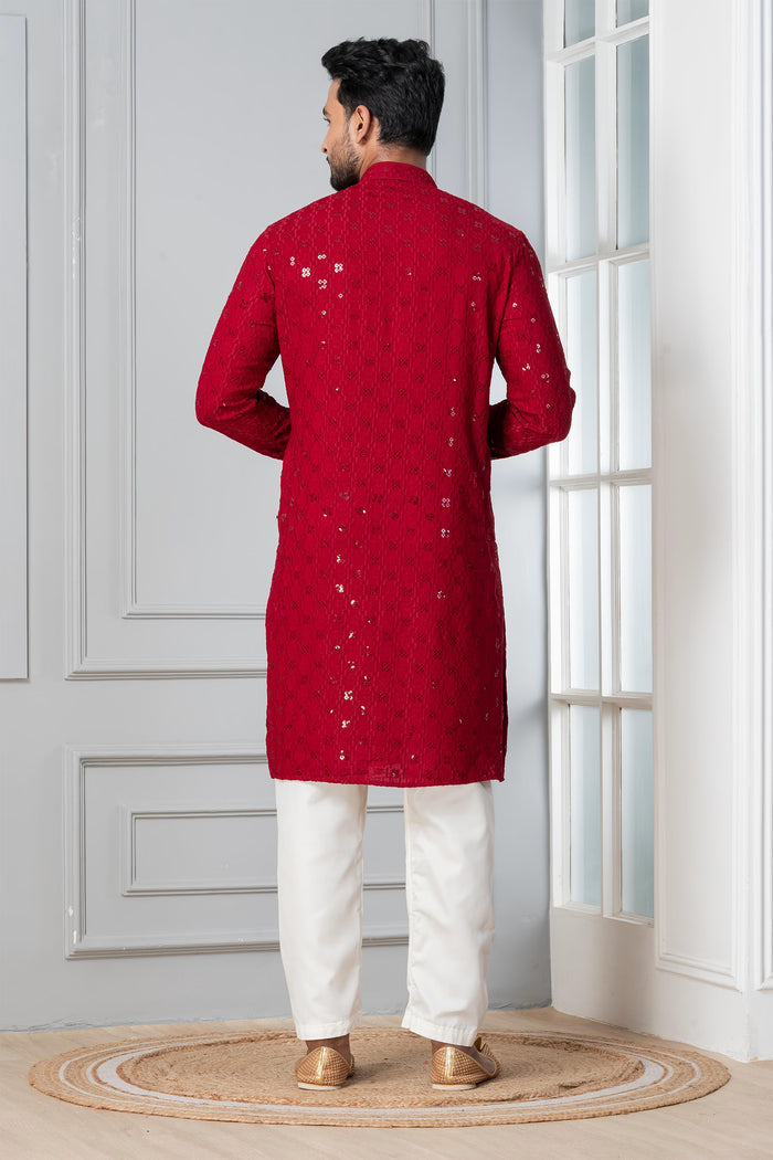 Dark Red Cotton Silk Embroidered Kurta Set