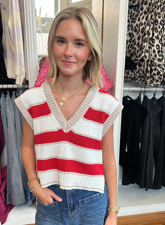 ELAN Deep V Sweater Vest - RED AND WHITE