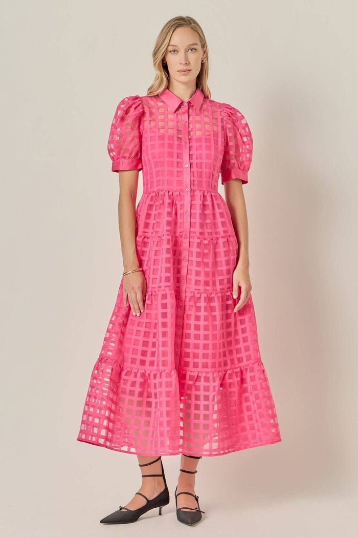 ENGLISH FACOTRY Gridded Organza Tiered Maxi Dress: CORAL