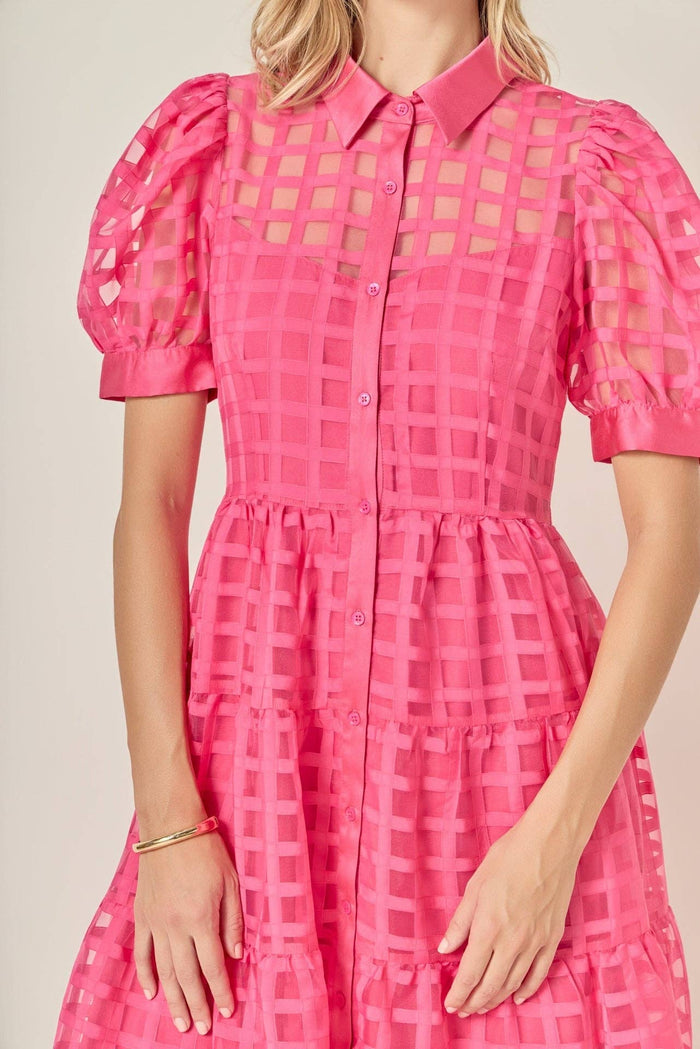 ENGLISH FACOTRY Gridded Organza Tiered Maxi Dress: CORAL