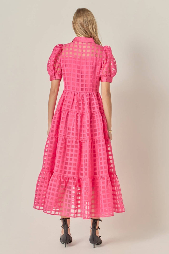 ENGLISH FACOTRY Gridded Organza Tiered Maxi Dress: CORAL