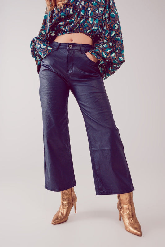Faux leather wide leg pants in blue - trousers