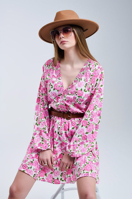 Floral V-Neck Dress with Pink Blooms and Green Accents - dress