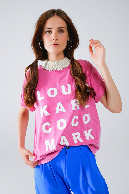 Fuchsia T-shirt With famous Names Logos At The Front - top