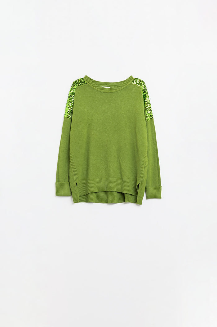 Green Long Sleeves Sweater With Sequins on The Shoulders