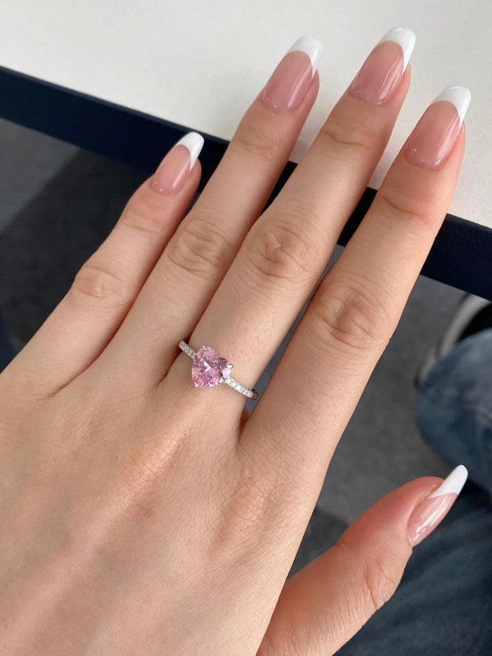 Heart-Shaped Pink & White Cubic Zirconia Sterling Silver Ring - camillaboutiqueshop