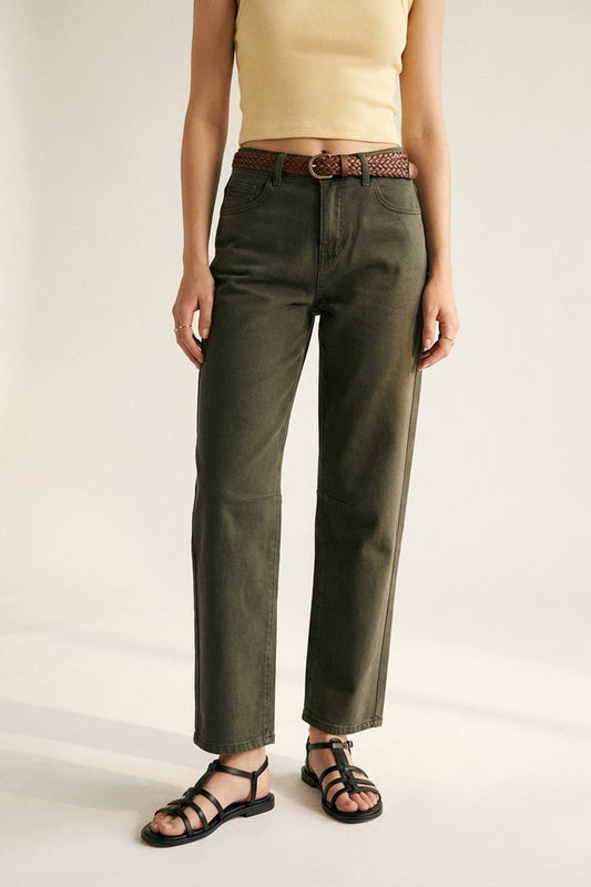 High-Rise Straight-Leg Denim Jeans in Khaki - Coloured Jeans
