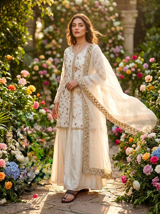 Ivory Silk Kurti With All-Over Sequin Embellishment