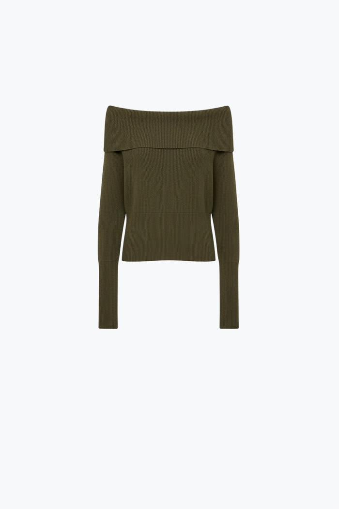 khaki fine ribbed knit sweater with wide boat neck