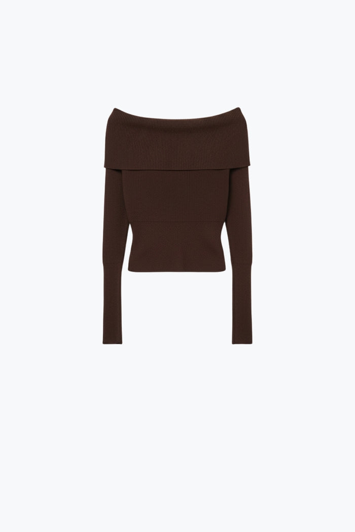 khaki fine ribbed knit sweater with wide boat neck