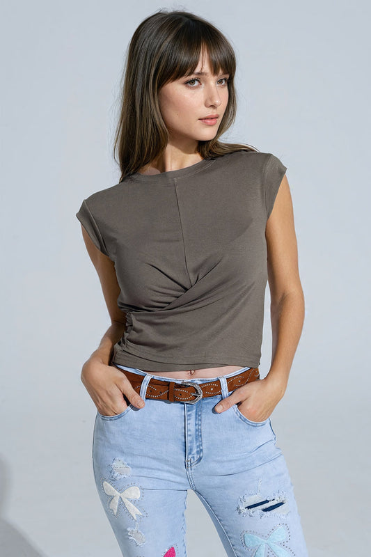 Khaki short-sleeved top crossed at the bottom front - top