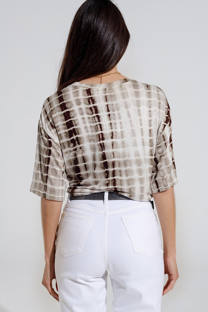 Khaki Tie Dye printed t-shirt with knot on the front - top