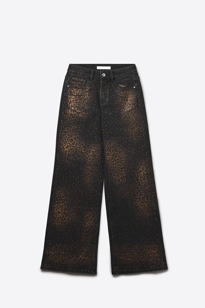 Leopard Print Black Straight-Leg Jeans with strass detail - Coloured Jeans