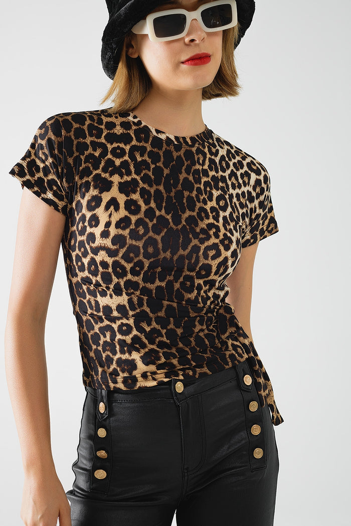 Leopard print Spandex t-shirt with bow detail - top