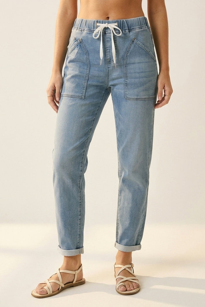 Light Blue Jogger Style Denim Jeans with Drawstring Waist - Denim