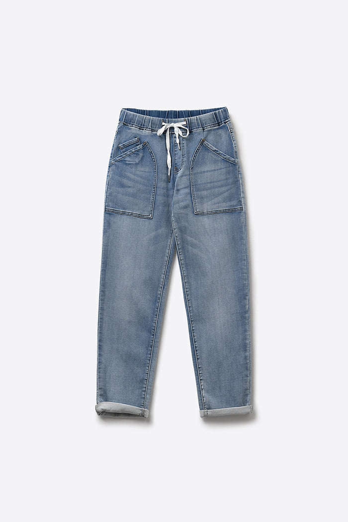 Light Blue Jogger Style Denim Jeans with Drawstring Waist - Denim