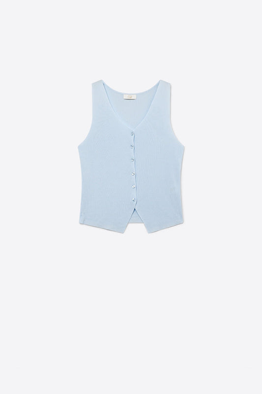 Light Blue Ribbed Knit Sleeveless Button vest
