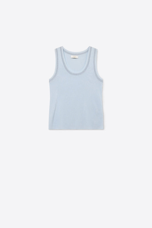 Light Blue Ribbed Knit Tank Top with Metallic Trim