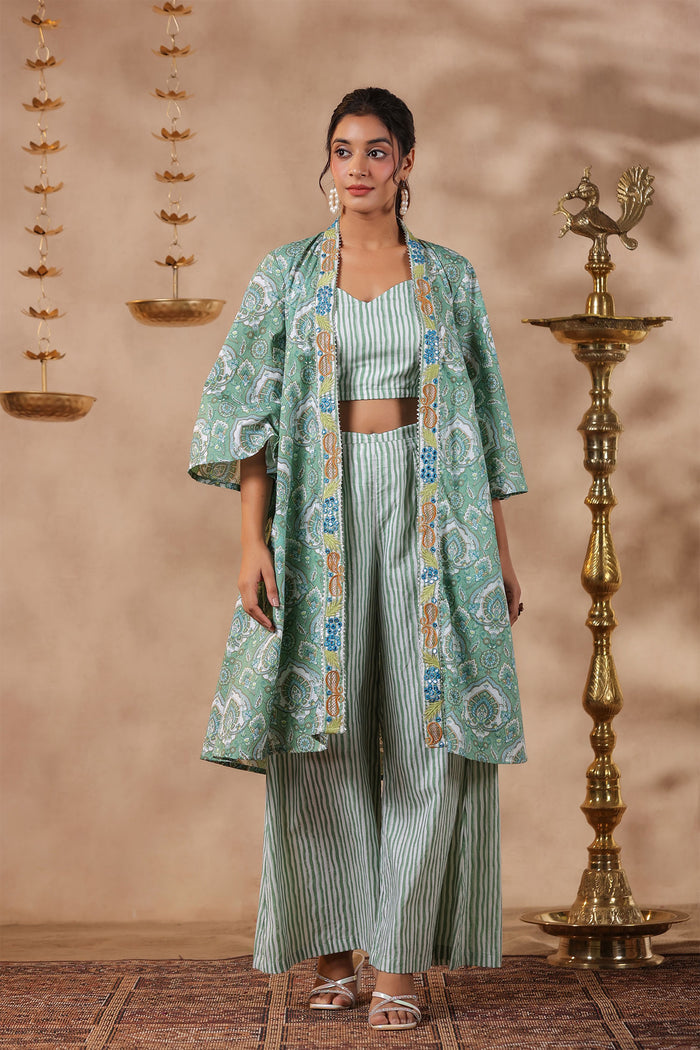 Light Green Cotton Printed Indo-Western Co-Ord Set