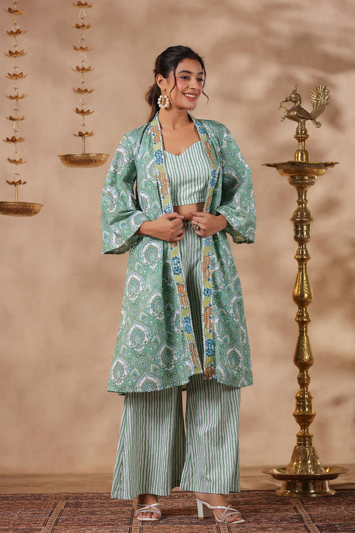 Light Green Cotton Printed Indo-Western Co-Ord Set