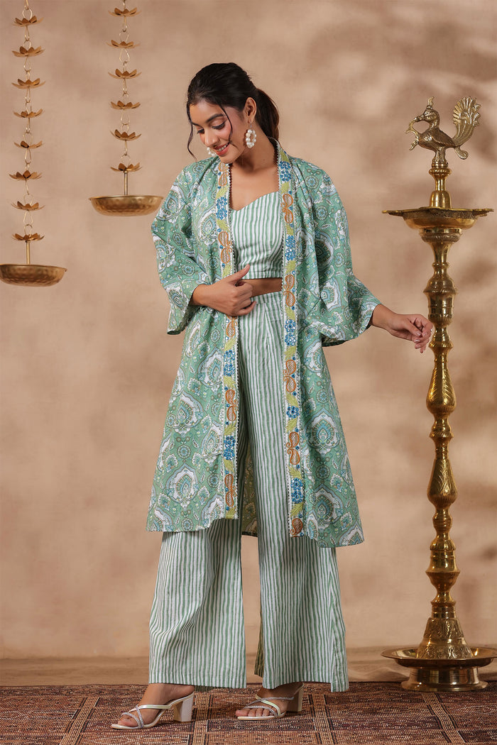 Light Green Cotton Printed Indo-Western Co-Ord Set
