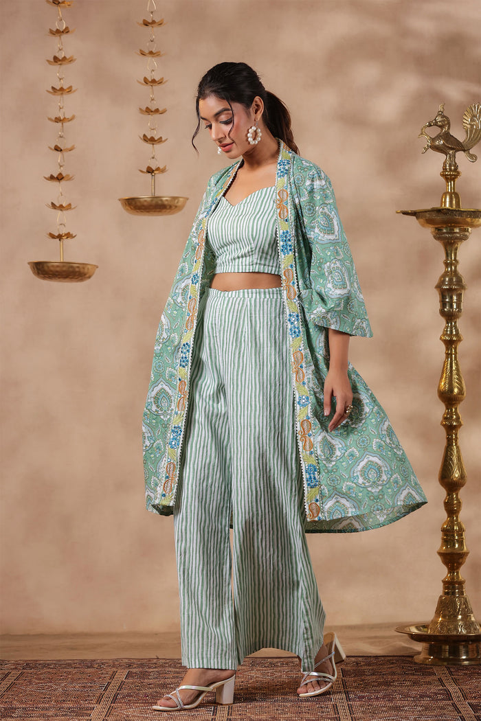 Light Green Cotton Printed Indo-Western Co-Ord Set