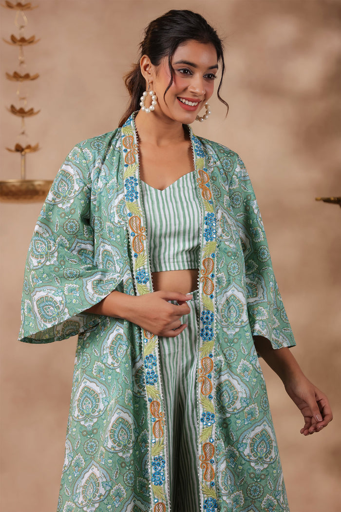 Light Green Cotton Printed Indo-Western Co-Ord Set