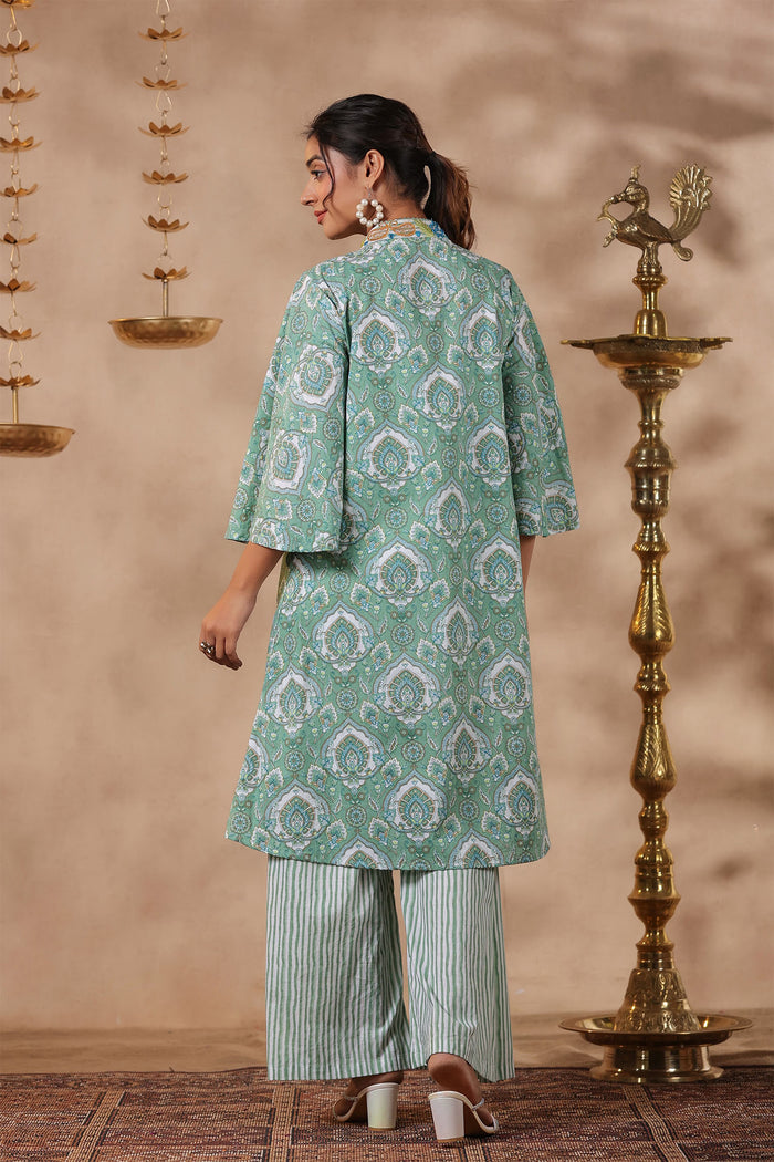 Light Green Cotton Printed Indo-Western Co-Ord Set