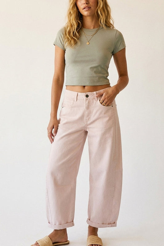 Light Pink Wide-Leg Barrel style Pants with Rolled Hems - Coloured Jeans