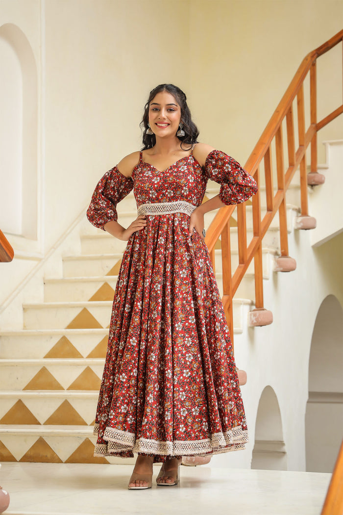 Maroon Cotton Floral Printed Gown Set