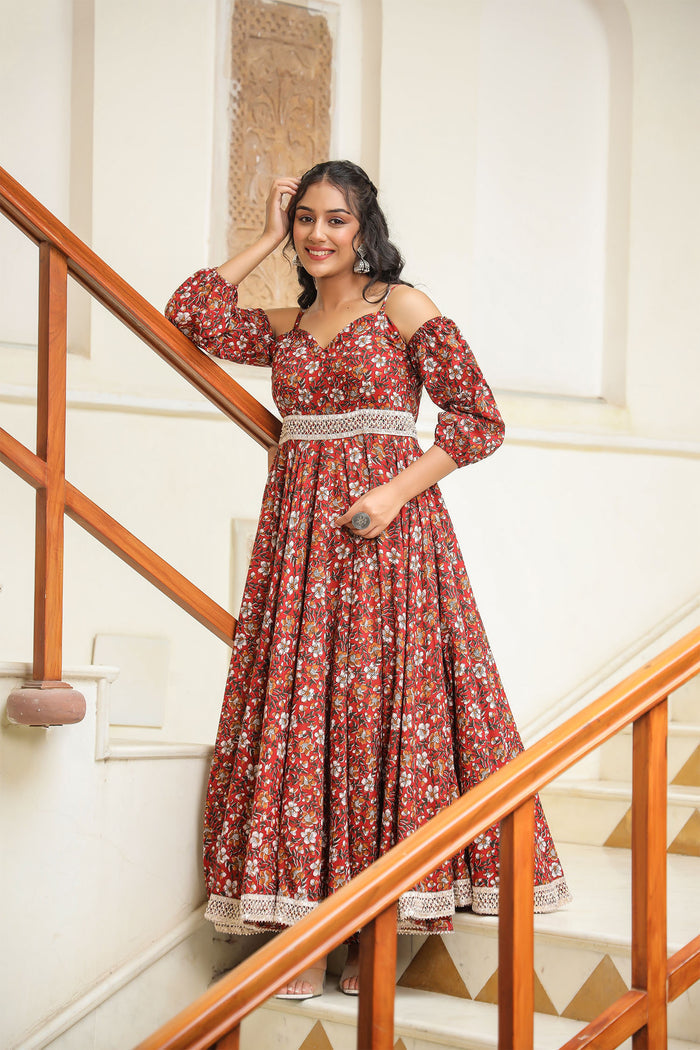 Maroon Cotton Floral Printed Gown Set