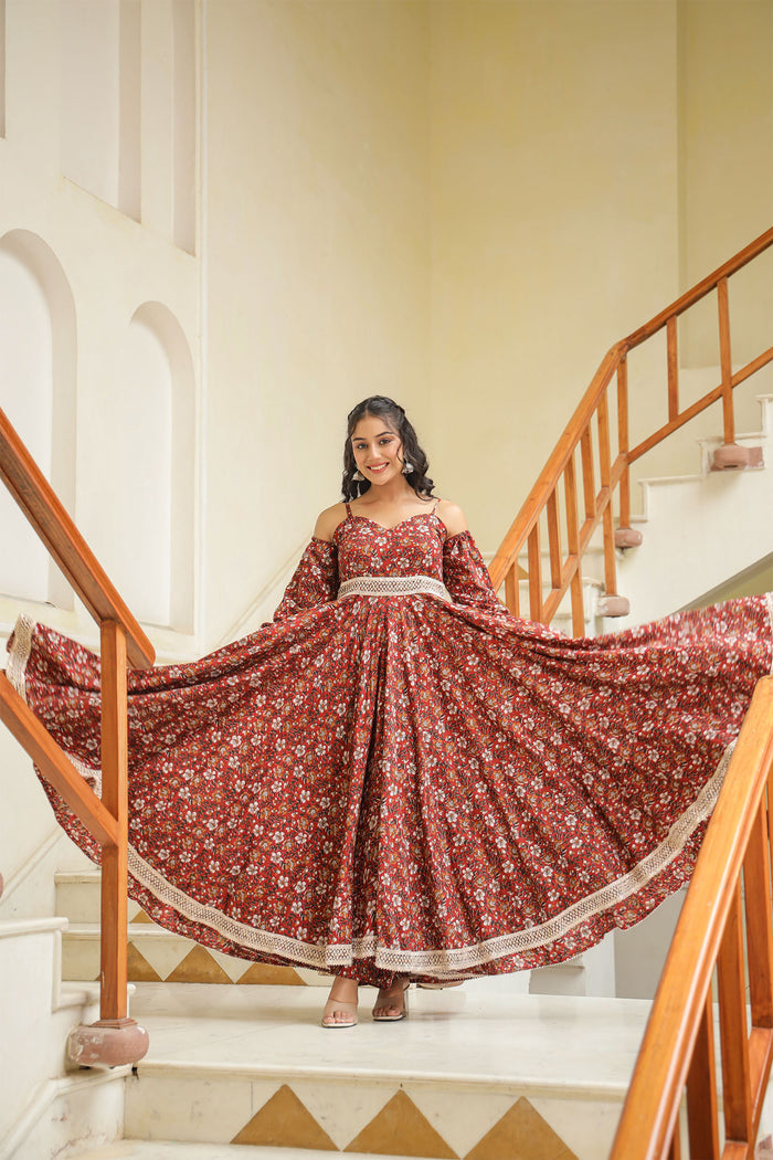 Maroon Cotton Floral Printed Gown Set